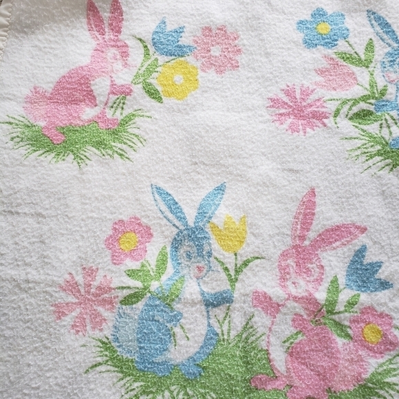 Vintage Chatham Pastel Bunny Rabbit Satin Trim Baby Blanket Fuzzy Fleece USA - Picture 3 of 8